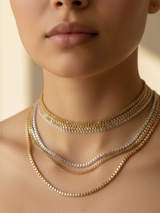 Jewelry - Layered Gold and Silver Box Chain Choker Necklace - Women Jewelry